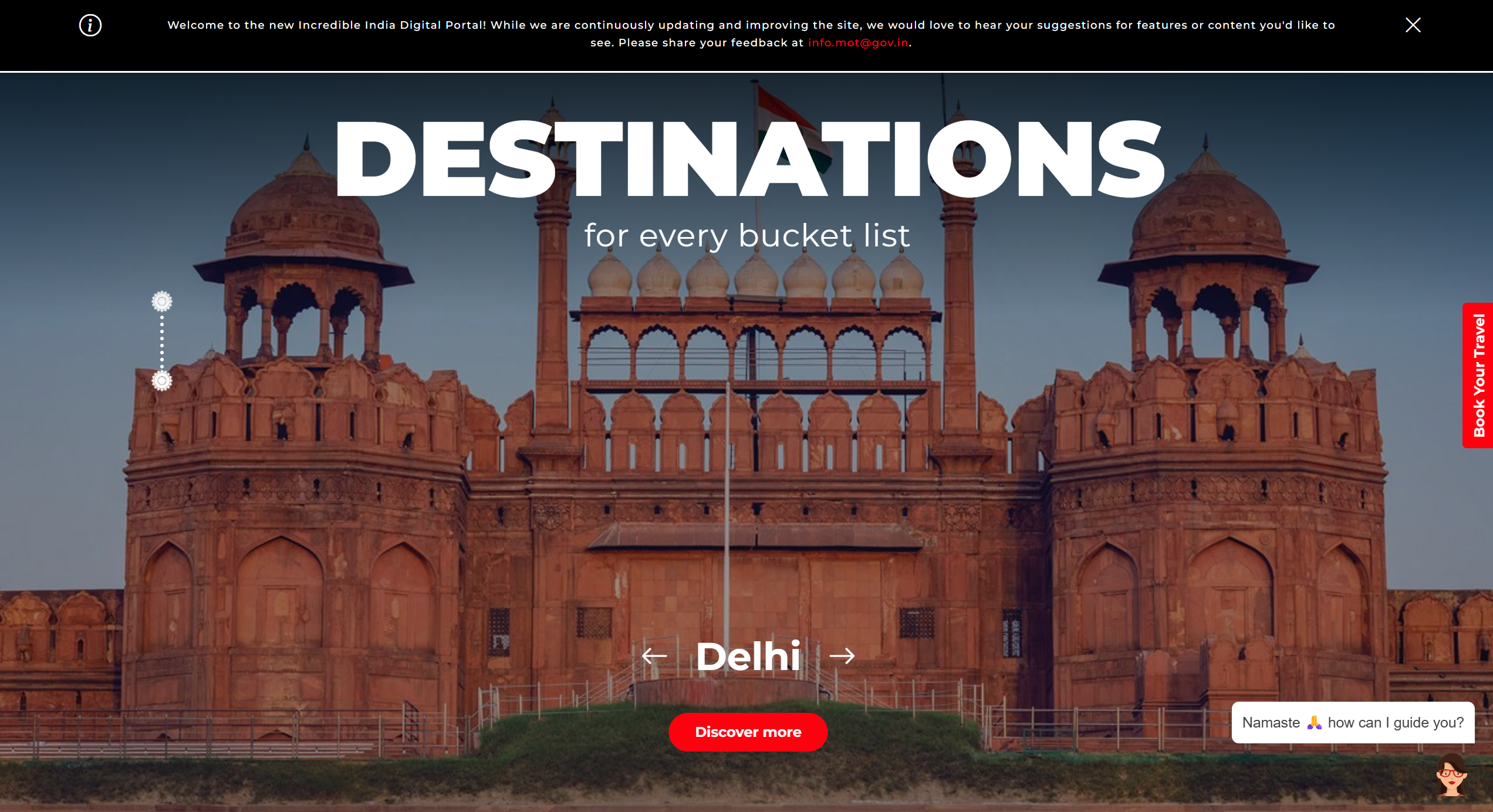 Iconic Red Fort (Lal Qila) in Delhi at sunset, with towering red sandstone gates and Mughal arches, highlighting bucket-list destinations on the Incredible India travel guide page.